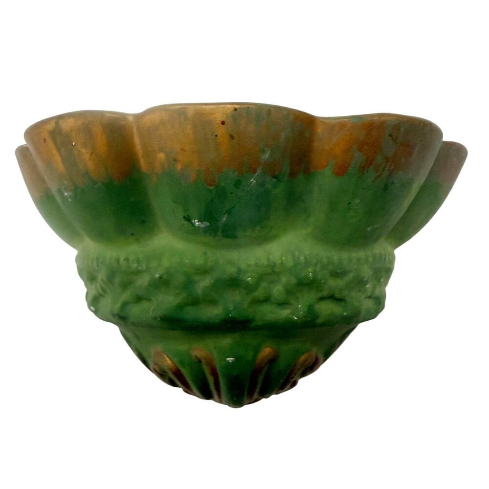 vintage matte green & bronze Wall Pocket clay planter scalloped edge
